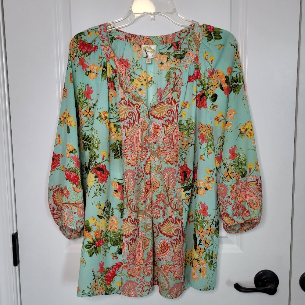 Fig and Flower Boho Paisley Turquoise Floral Print Blouse Women's top Size L